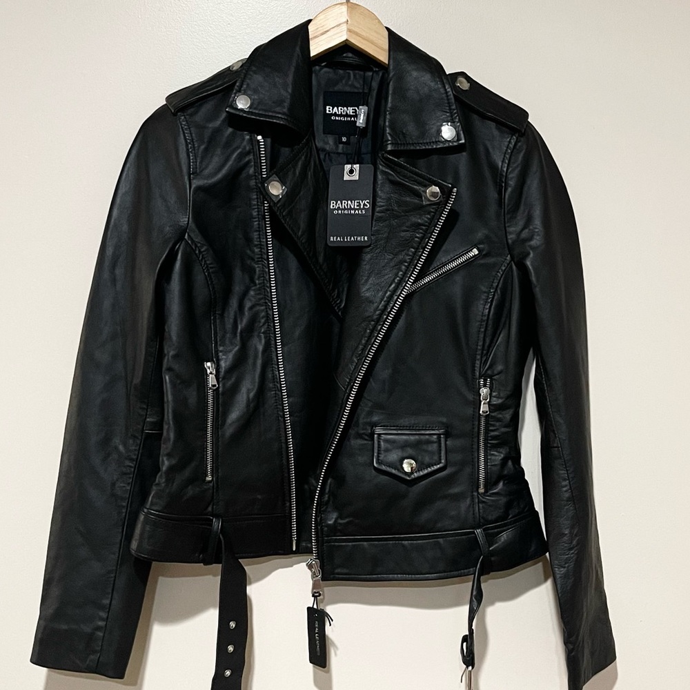 NWT ASOS Barney's Original real leather biker jacket w/silver accents | size 10
